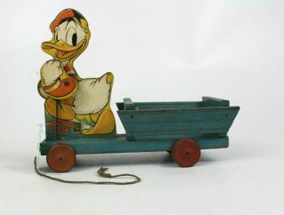 Vtg 1940s Fisher Price Toys Walt Disney Donald Duck Pull Cart Toy 544 W/ Sound