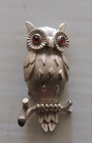 Vintage Crown Trifari Owl On A Branch Pin Brooch Silver Tone Ruby Eyes