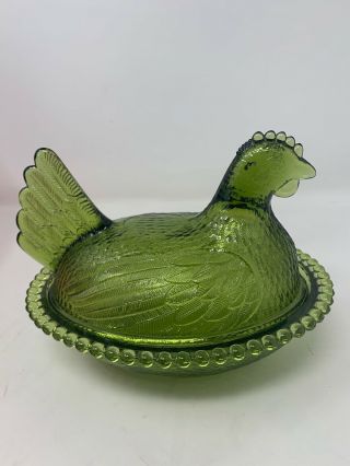 Vintage Avocado Green Hen On A Nest Indiana Glass Candy Dish Hobnail Rim