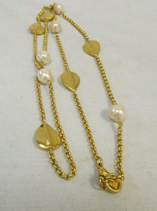 Vintage Givenchy Paris Long Gold Tone Chain With Faux Pearl & Logo Necklace