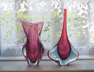 Two Vintage Murano Sommerso Freeform Art Glass Vases