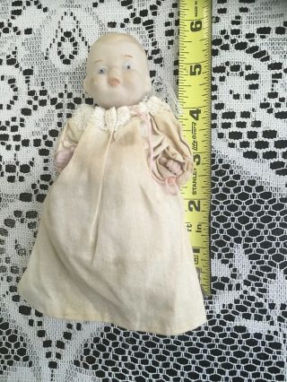 Vintage Miniature Porcelain Bisque? Jointed Baby Doll In Gown,  Pjs,  And Shorts