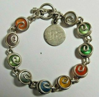 Vintage Yong Ladies 925 Sterling Silver Colorful Stones Charm Chain Bracelet