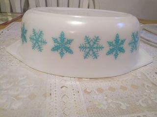 Vintage Pyrex 1 1/2 QT 043 Turquoise on White Snowflake Casserole Dish NO 23 5