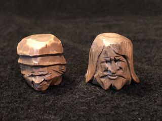 Pair Vintage Wood Carved Miniature Heads Figures Finger Puppet Black Forest?