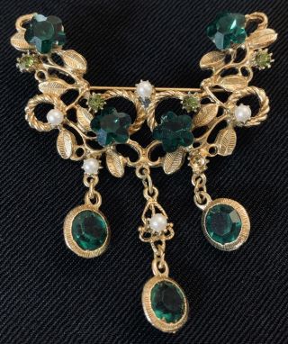 Vtg Art Noveau Green Emerald Rhinestone Dangle Brooch Pin Bezel Set Gold Tone 2 "