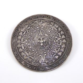 Vintage Sterling Silver Mayan Aztec Calendar Sun Dial Large Pendant Pin Ldk3