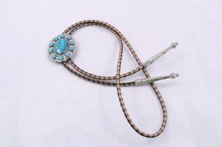 Vintage Nickel Silver Bell Turquoise Bolo String Tie Southwestern Cowboy Western
