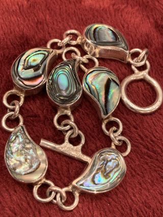Vintage Sterling Silver Mexico Abalone Teardrop Link Toggle Bracelet 7.  25” Euc