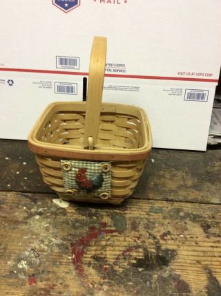 Vintage Decorative Woven Wicker Basket With Handle And Rooster Cloth Patch