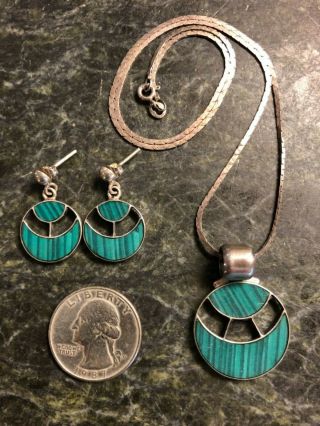 Vintage 950 Silver Malachite Earrings & Pendant On 925 Sterling Necklace - Peru