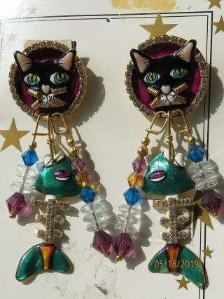 Vintage Signed Lunch At The Ritz Rhinestone " Cajun Catfish " Cat & Fish Earrings