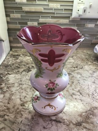 Vintage Czech White Cut To Cranberry Handpainted 8 " Vase
