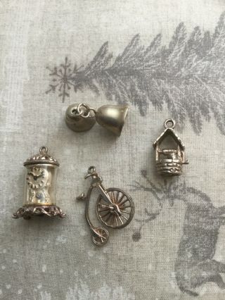 4 Vintage 925 Sterling Silver Charms Clock,  Wishing Well,  Bicycle & Bells