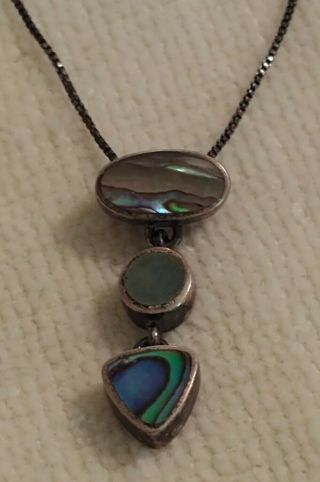 Vintage Su Italy Sterling Silver 925 Abalone Dangling Pendant Box Chain Necklace