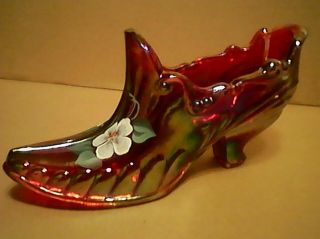 Fenton Hand Painted Artist Signed Ruby Red Carnival Glass Shoe Vintage