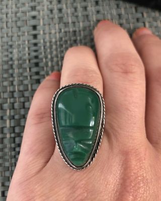 Vintage Mexican Sterling Silver & Green Onyx Aztec Mask Ring
