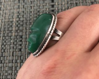 Vintage Mexican Sterling Silver & Green Onyx Aztec Mask Ring 2