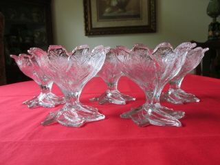 (5) Vintage Scalloped Edge Clear Glass Textured Leaf Motif Sherbet Cups 4 1/8 "