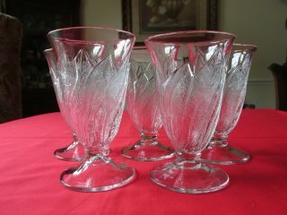 (5) Vintage Clear Glass Textured Leaf Motif Ring Stem Ftd Water Tumblers 5 7/8 "