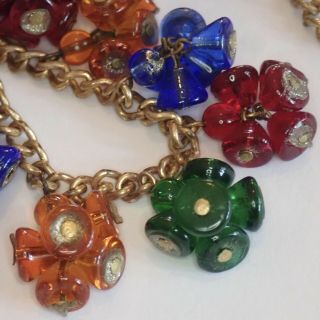 Vtg Art Deco Miriam Haskell Gilt Brass Multi Color Glass Bead Dangle Necklace