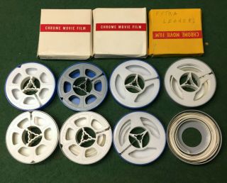 7 Vintage 3 " Empty Movie Film Reels 8mm Plastic,  Cases And Extra Leaders