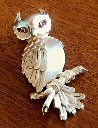 Vintage Crown Trifari Owl Pin Brooch With Red Pierced Eyes.  Owl With Attitude