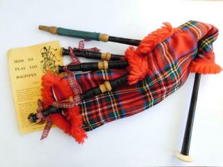 Vintage Mini Childs Scottish Bagpipes 1960s? Tartan Turned Wood Chanter