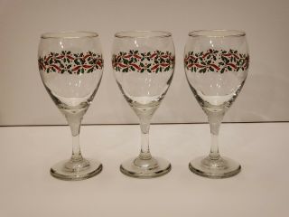 Three Vintage Christmas Wine Glasses Holly Berry Gold Rim Holiday Set