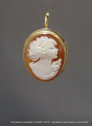 Vintage Art Nouveau Carved Coral Cameo Pin Brooch Pendant In 18k Gold