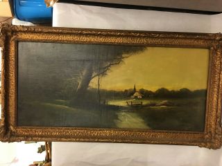 Large Signed Vintage Landscape Oil Painting Unsigned Ornate Gilt Frame