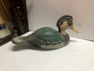 Vintage Unmarked Solid Wood Hand Painted Glass Eye Duck Decoy