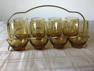 Vintage Set Of Libby Gold Drinking Glasses With Caddy