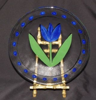 Vintage Kosta Boda Tulip Hand Painted Blue Glass Plate Ulrica Hydman Vallien.
