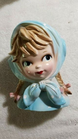 Vintage Young Girl Head Vase Inarco E2523 Long Braids Hair Scarf