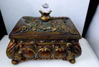 Vintage Wood & Resin Jewelry Trinket Box Ornate Leaves Lidded Art Noveau Footed