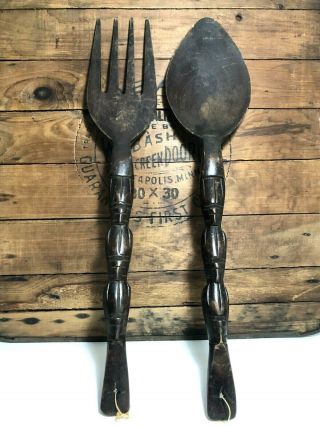Vintage Hanging Wooden Fork And Spoon Wall Decor Hand Carved Wood Spoon And Fork