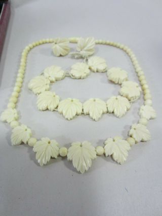 Vintage Carved Bovine Bone Necklace W/matching Earrings & Bracelet - Leaf Design