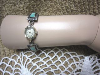 Vtg.  Ladies Bulova Wind - Up Watch With Turquoise & Silver Expansion Band