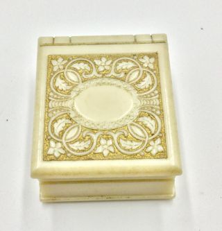 Vintage Cream And Gold Celluloid Art Deco Tiny Book Shaped Ring Jewelry Box