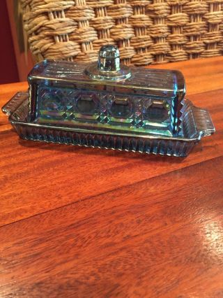 Vintage Iridescent Blue Indiana Carnival Glass Butter Dish Windsor Pattern