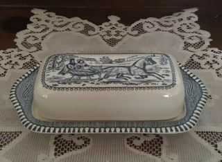 Vintage Royal China Currier & Ives Blue And White Covered Butter Dish