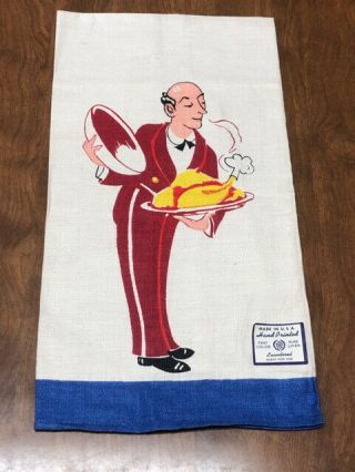 Vintage Hand Printed Tea Towel Butler Serving Turkey Bright Color W/ Tag