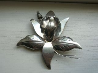Vintage Taxco Mexico Large Sterling Silver Iris Flower Brooch Pin