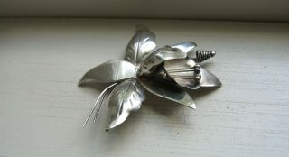 Vintage Taxco Mexico Large Sterling Silver Iris Flower Brooch Pin 2