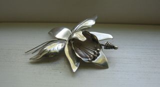 Vintage Taxco Mexico Large Sterling Silver Iris Flower Brooch Pin 5