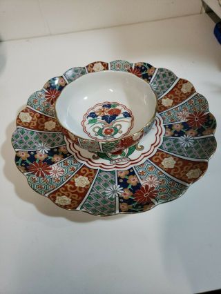Vintage Arita Imari Fan Chip and Dip Plate Bowl Set Japan Rust Cobalt Floral 2