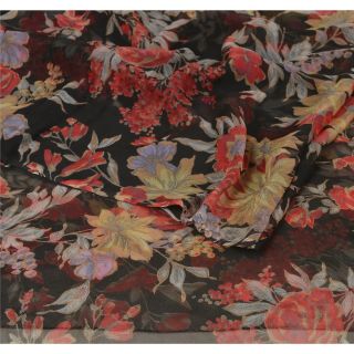 Sanskriti Vintage Black Saree Pure Chiffon Silk Printed Sari Decor Craft Fabric 2