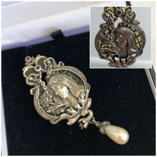 Vintage Jewellery Art Nouveau Silver 925 Rubies Marcasite & Pearl Drop Pendant