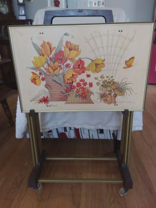 Vintage Fiberboard Tv Trays & Storage Cart With Floral Motif